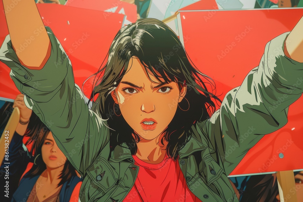 Wall mural comic book anime illustration of of women at a protest , holding signs and chanting, their faces sho