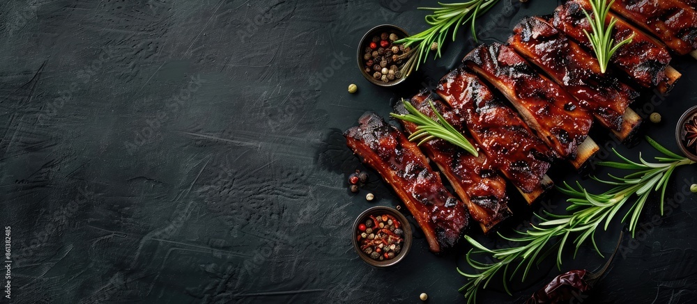 Poster a food concept featuring succulent grilled pork ribs basted in a smoky sauce, adorned with aromatic 