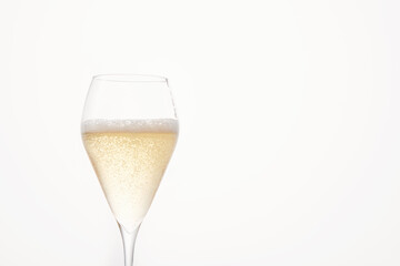 Champagne flute bowl with bubbling, sparkling drink.