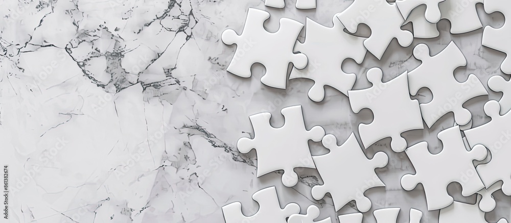 Poster flat lay composition with blank white puzzle pieces on a light grey marble background, offering copy
