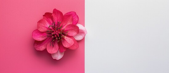 Fototapeta premium Flat lay top-down view of a pink clove flower set against a pink and white background with ample copy space.