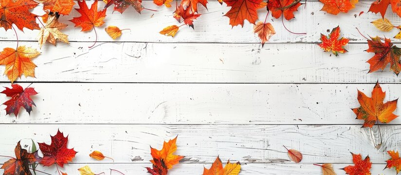 Autumn leaves in the corners of a white wooden backdrop create a charming scene with copy space image.