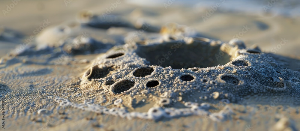 Poster Abstract background concept depicting a crab nest with circle and hole patterns on a sandy beach, ideal for copy space image.