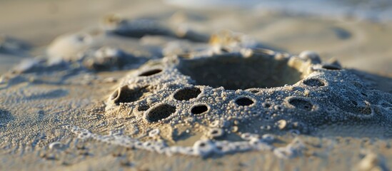 Abstract background concept depicting a crab nest with circle and hole patterns on a sandy beach, ideal for copy space image.