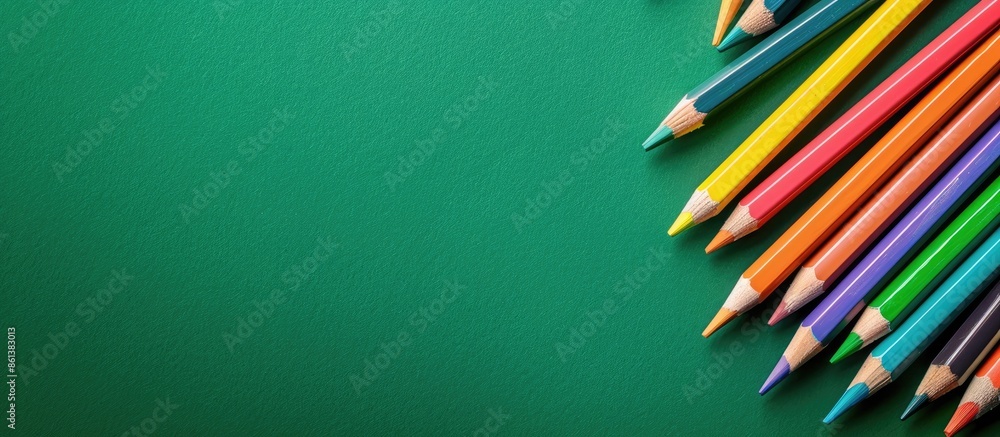 Aufkleber colorful pencils on a vibrant green paper with empty space for a picture. copy space available