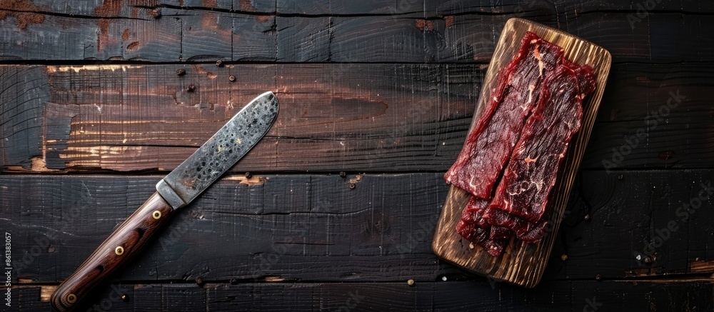 Poster Top view of meat jerky displayed on a butcher's cleaver against a dark wooden backdrop with space for adding text or images. copy space available