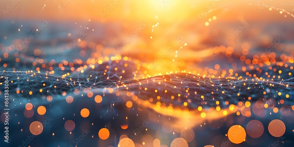 Poster interconnected neurons create a luminous web of consciousness across the horizon. concept neuroscien