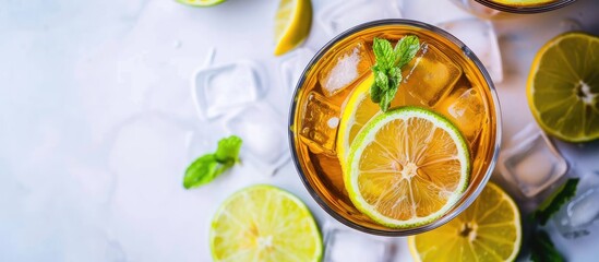 Close-up top view of a refreshing lemon iced tea with lime slices on a plain background, perfect for a copy space image.