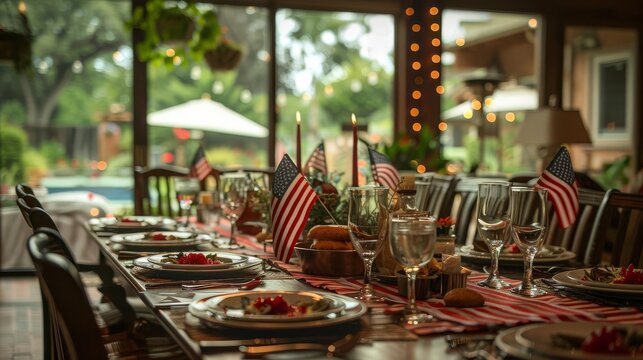 A patriotic table setting with American flags, red, white, and blue decor, and a view of a backyard pool.
