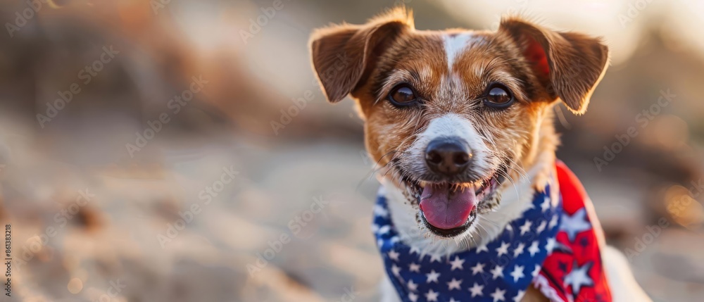 Wall mural Happy dog wearing a red, white, and blue bandana.