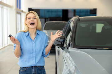 Pretty long-haired blonde woman near a new car looking enjoyed and excited