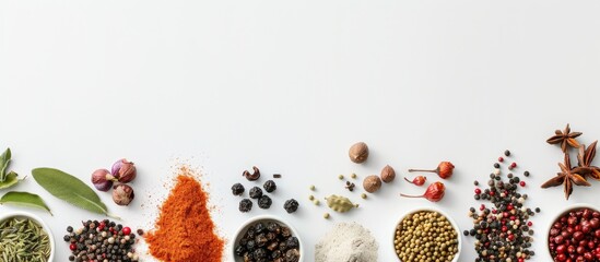 Collection of various Indian spices and herbs displayed on a white backdrop in a top-down view, offering ample copy space for food, vegetable, spice, and herb designs or other creative content. © Gular