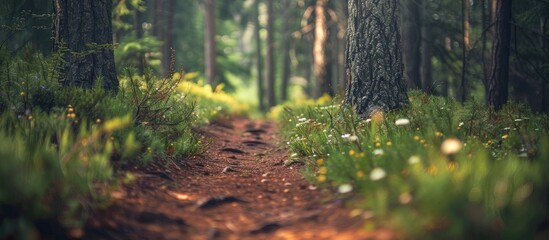 Explore the enchanting Moody Woods hiking trail in a photo with blurred areas and room for text or images (Copy Space Image).