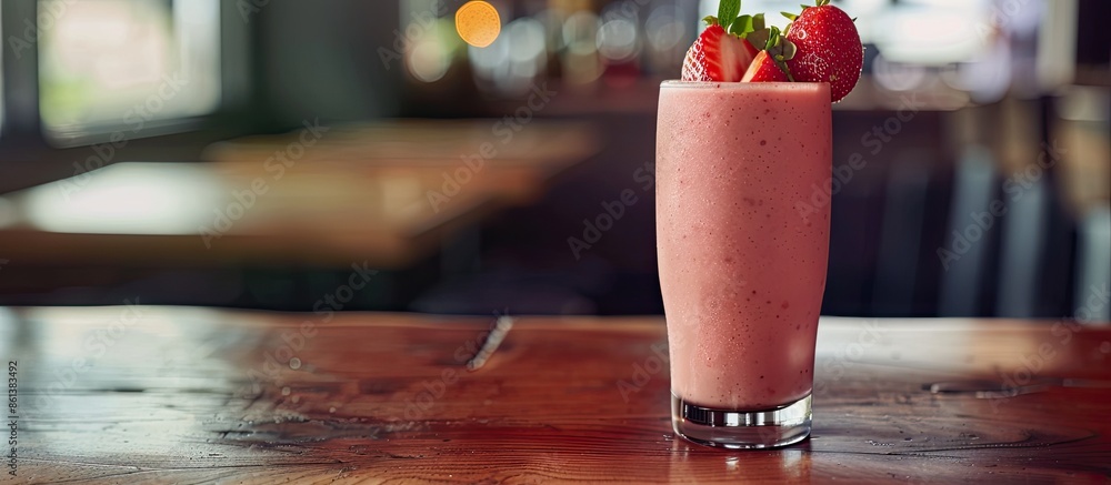 Poster Image of a strawberry smoothie on a wooden surface with ample copy space.