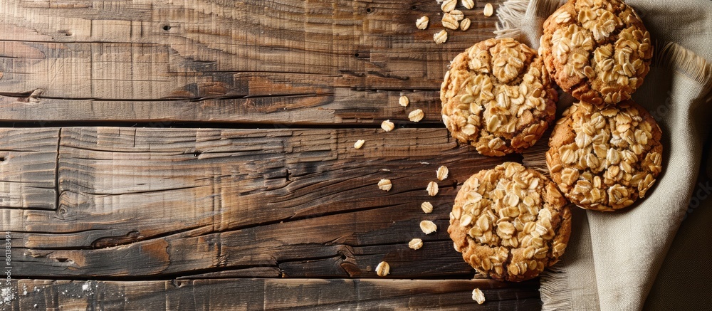 Aufkleber Cookies made with oats displayed on a rustic wooden table with copy space image availability.