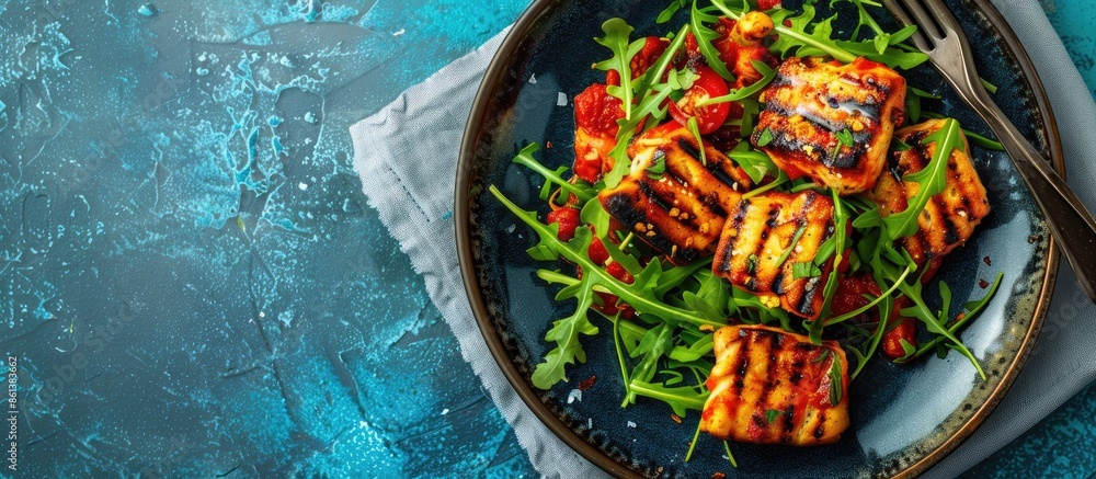 Poster an image of mediterranean-inspired grilled tiger crackers on a plate, garnished with tomato sauce an