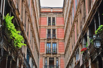 Facade of old apartment building with balcony, Barcelona, Catalonia. Spain . Street of Barcelona.