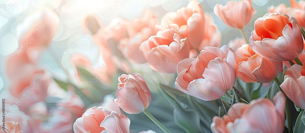 Poster macro shot of numerous pink tulips in a bright room with copy space image.