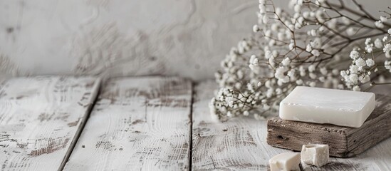 White wooden surface with soap blocks, suitable for copy space image.