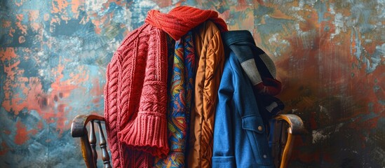 Fototapeta premium Winter garments stylishly displayed on a chair with a colorful backdrop, ideal for a copy space image.