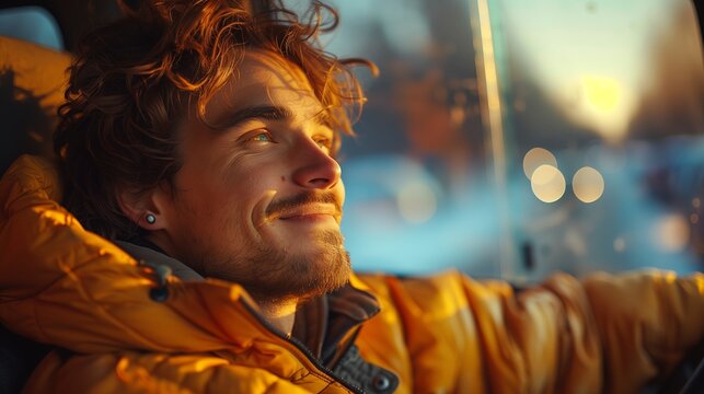 Smiling Man Driving In A Car At Sunset