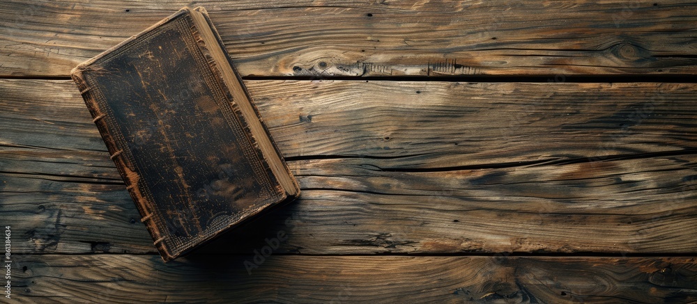 Aufkleber An antique book rests on a rustic wooden table with empty space around for a copy space image.