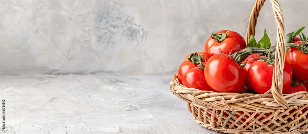 Poster Ripe tomatoes in a basket displayed on a table with a light background, perfect for adding text beside the copy space image.