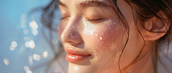 Woman applying face mist and skin refreshing product on her face