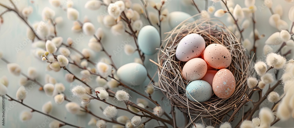 Poster easter greeting card featuring pastel colored eggs in a nest surrounded by pussy willow branches, cr