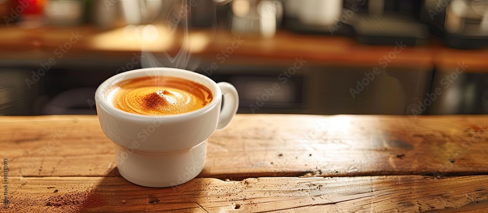 Poster Begin the day with a steaming espresso in a small ceramic cup atop a wooden table with room for text or images in the background, ideal for showcasing products. copy space available