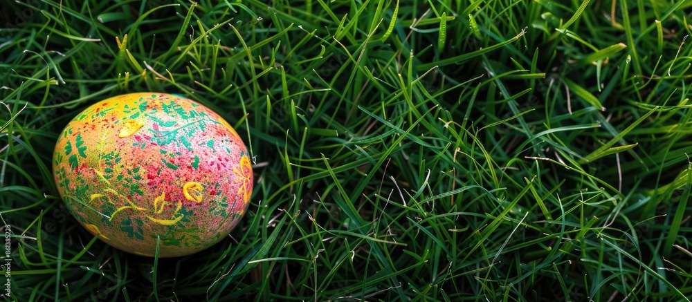 Sticker Colorful Easter egg displayed on fresh green grass with copy space image.