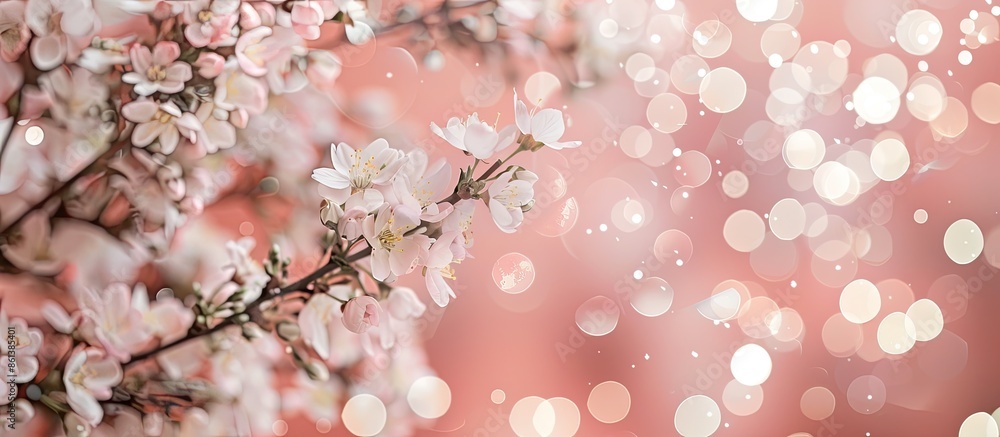 Poster a pink backdrop adorned with dainty white blooms, bokeh effect, and available copy space image.