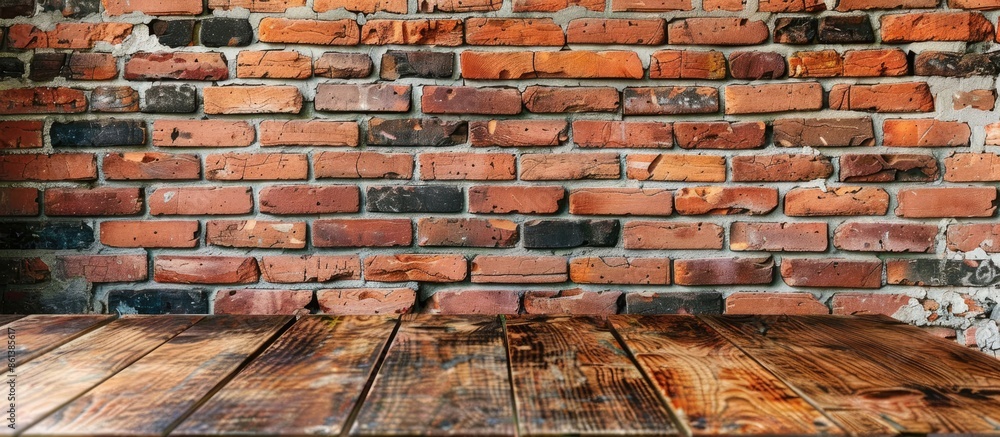 Poster rustic brick wall serves as backdrop for wooden table with clear space for product display mockup. r