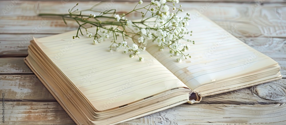 Aufkleber Close-up view of a notebook placed on a wooden table with a sprig of gypsophila flowers, ready for note-taking or planning, against a beige pastel background with ample copy space image available.