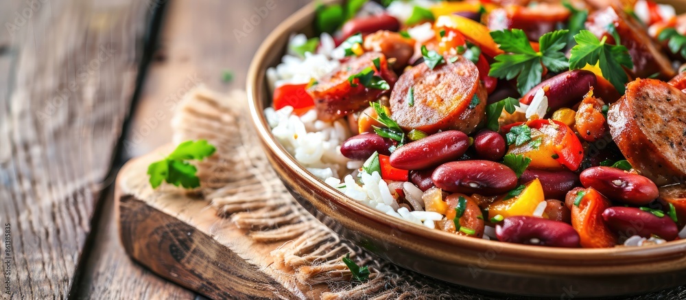 Poster a delicious dish of sausage, vegetables, and red beans served over rice, with a background ideal for
