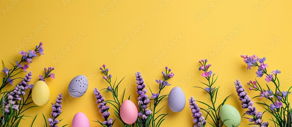 Poster Easter-themed backdrop in yellow with lavender blooms. Ample copy space image included.
