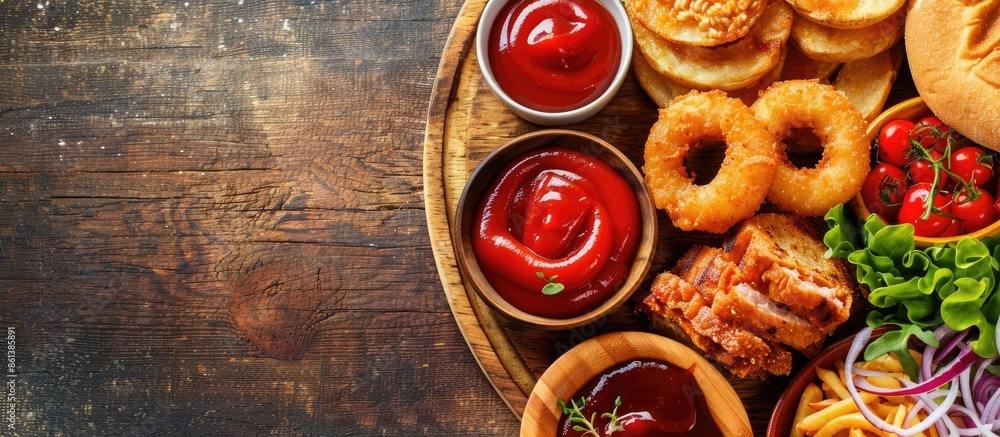 Poster wooden plate on table with a variety of delicious meal options like sauce, ketchup, and onion rings,