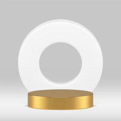 Golden 3d cylinder podium pedestal with white circle frame background realistic vector