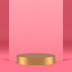 Pink luxury 3d podium pedestal golden platform for cosmetic show realistic vector illustration