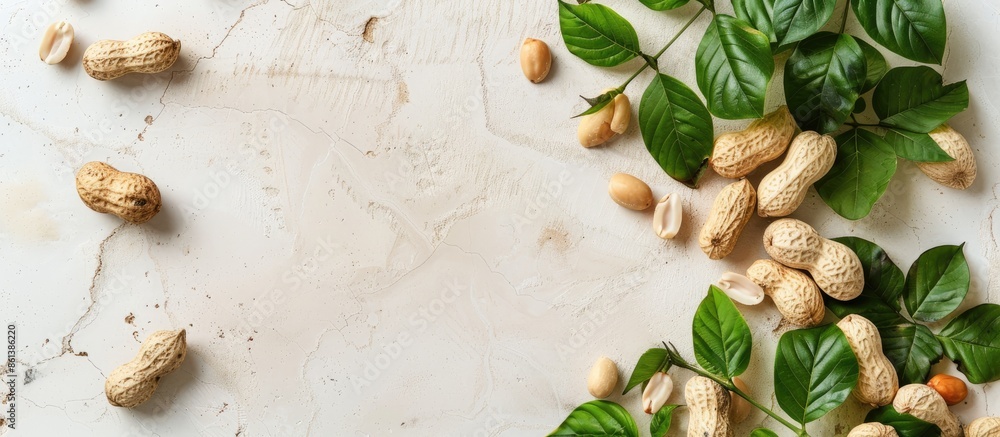 Poster White table with fresh peanuts and leaves arranged neatly, ideal for adding text in copy space image.