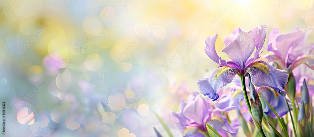 Poster close-up image featuring a blooming fleur-de-lis iris with purple petals in a spring meadow, providi