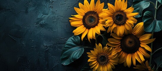 Close-up view of stunning yellow sunflowers against a dark backdrop with ample space for text or a logo in a top-down composition suitable for a copy space image.