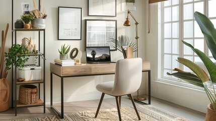 A hybrid work setup with a stylish home office space, featuring a desk with a laptop, notebooks, and personal touches like family photos and plants, a comfortable chair, and a modern office backdrop