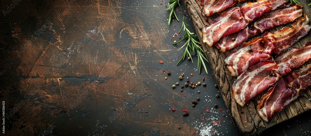 Poster fresh slices of bacon on a rustic table with copy space, perfect for cooking meals or snacks, provid
