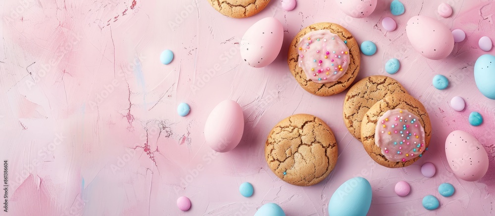 Poster easter-themed holiday preparation with multi-colored eggs and cookies on a pastel background, repres