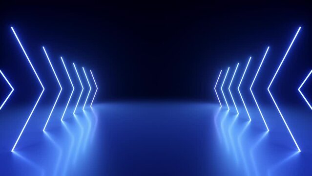 3d looped animation. Abstract geometric background. Neon arrows glowing with pink red blue gradient, flashing and showing forward direction inside the dark tunnel. Game environment in Virtual reality