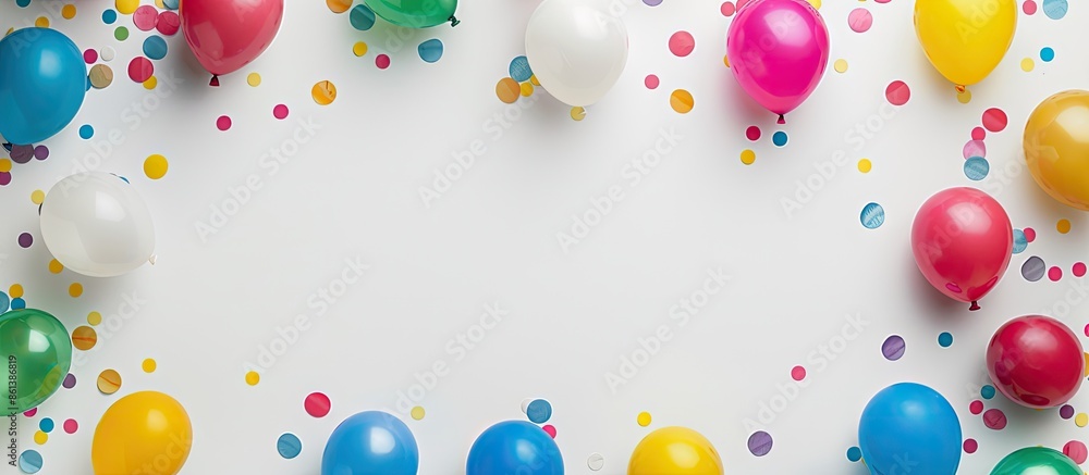 Poster Top-down frame with a decorative border featuring colorful balloons on a white backdrop, ideal for adding text or images. copy space available