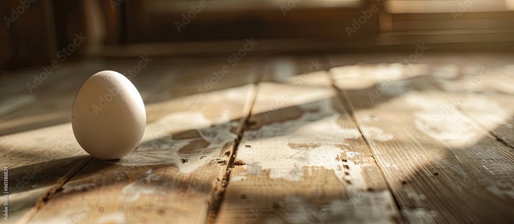 Poster a single white egg, set alone on a wooden table with sunlight, showcasing a copy space image.