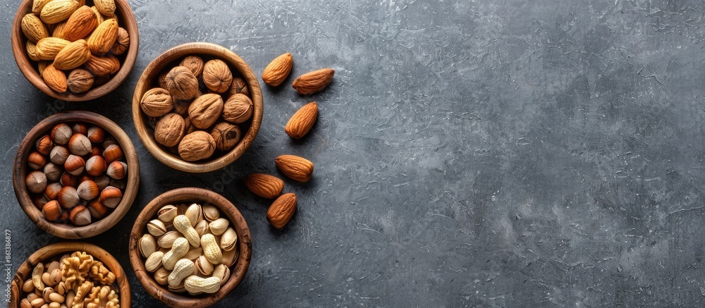 Poster top view of different types of nuts placed in wooden bowls against a copy space image.