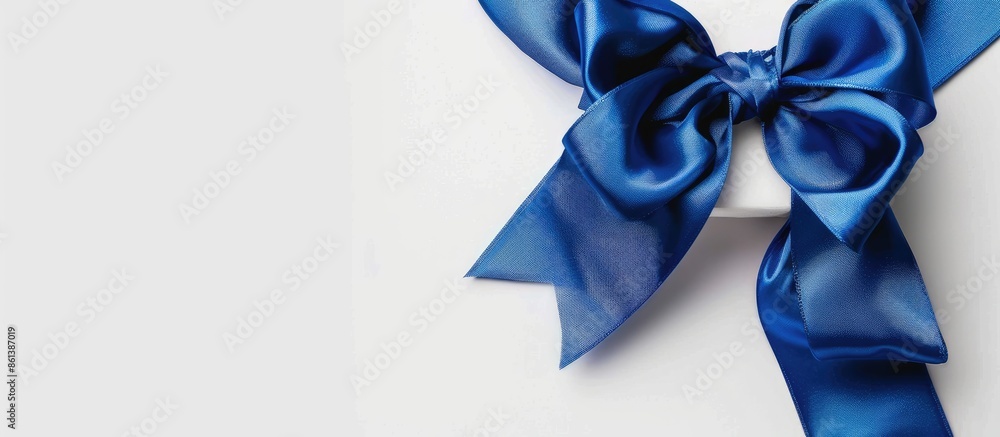 Poster a present with a blue bow tied elegantly with a satin ribbon, set against a white backdrop with copy